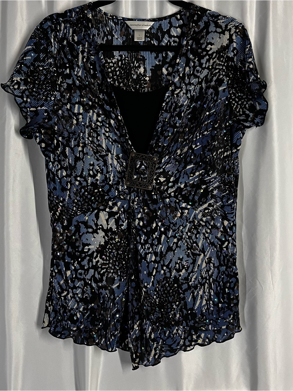 Christopher & Banks Black and Blue Printed V-Neck Top with Buckle